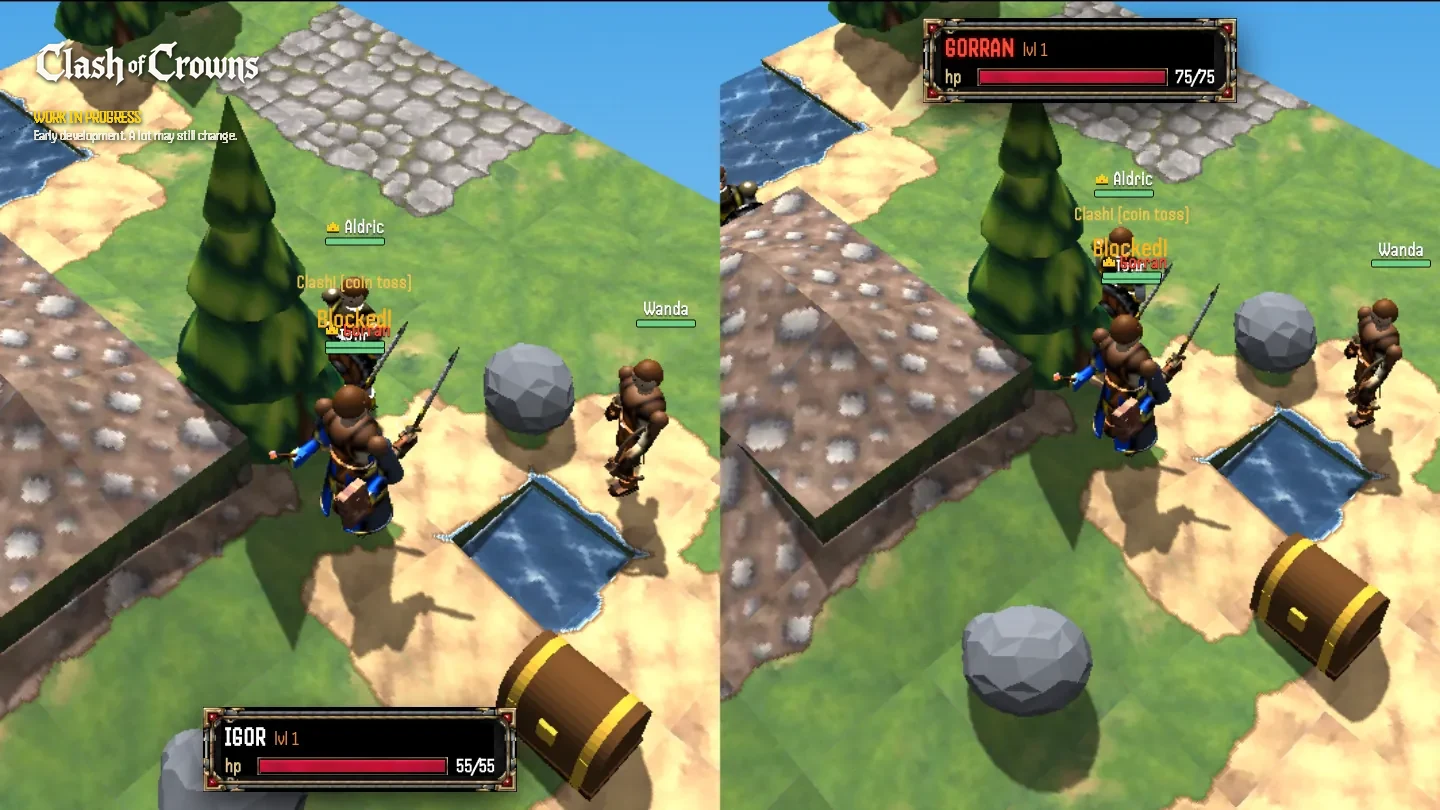 Split screen: both sides move at the same moment